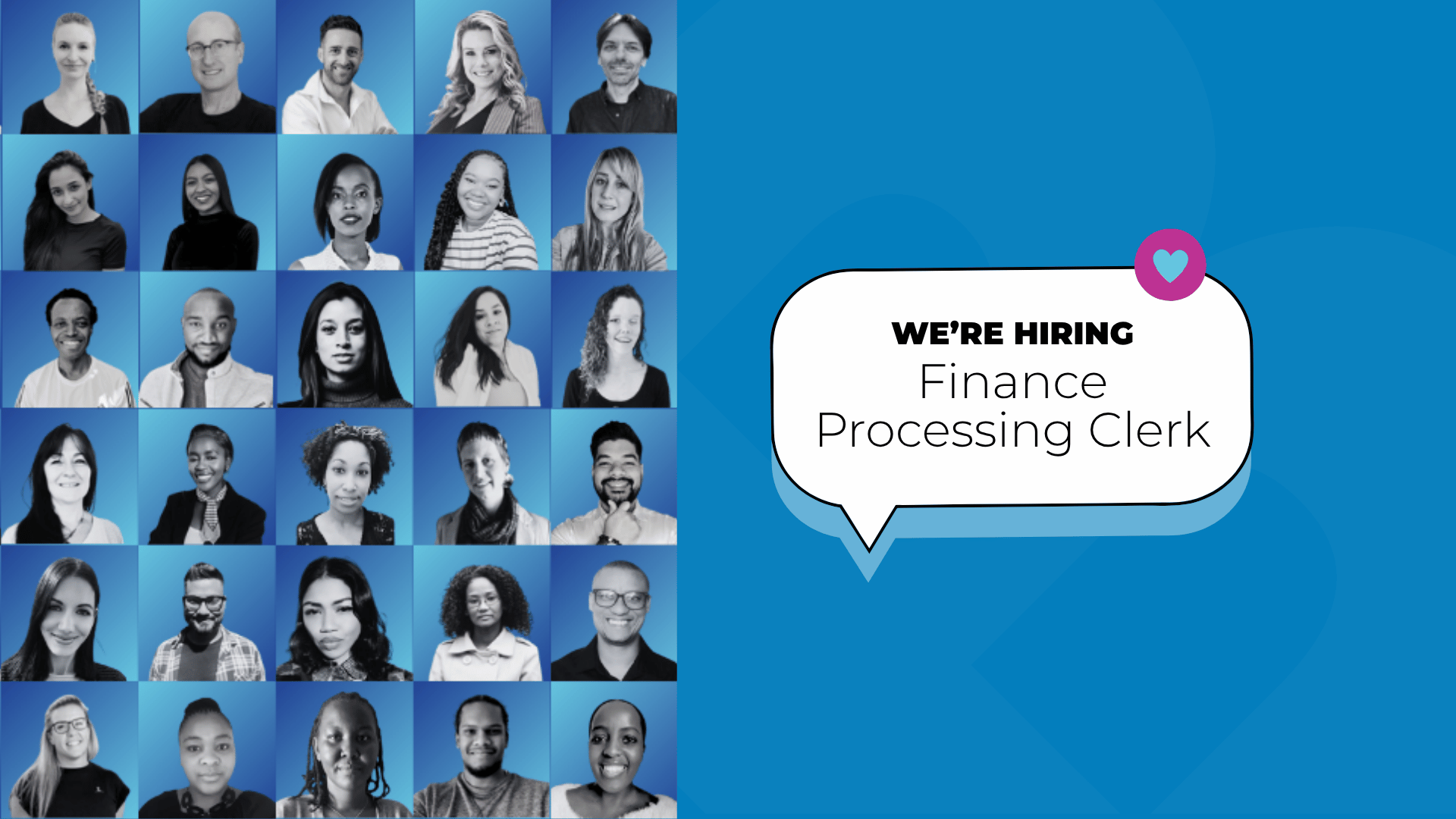 BackaBuddy team collage with a “We’re Hiring: Finance Processing Clerk” announcement