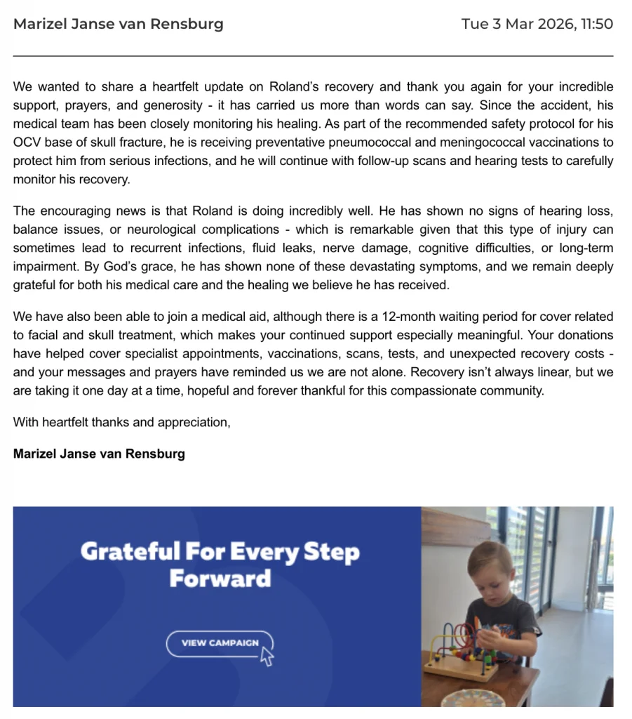 Medical crowdfunding campaign helping five-year-old Roland recover after a skull fracture