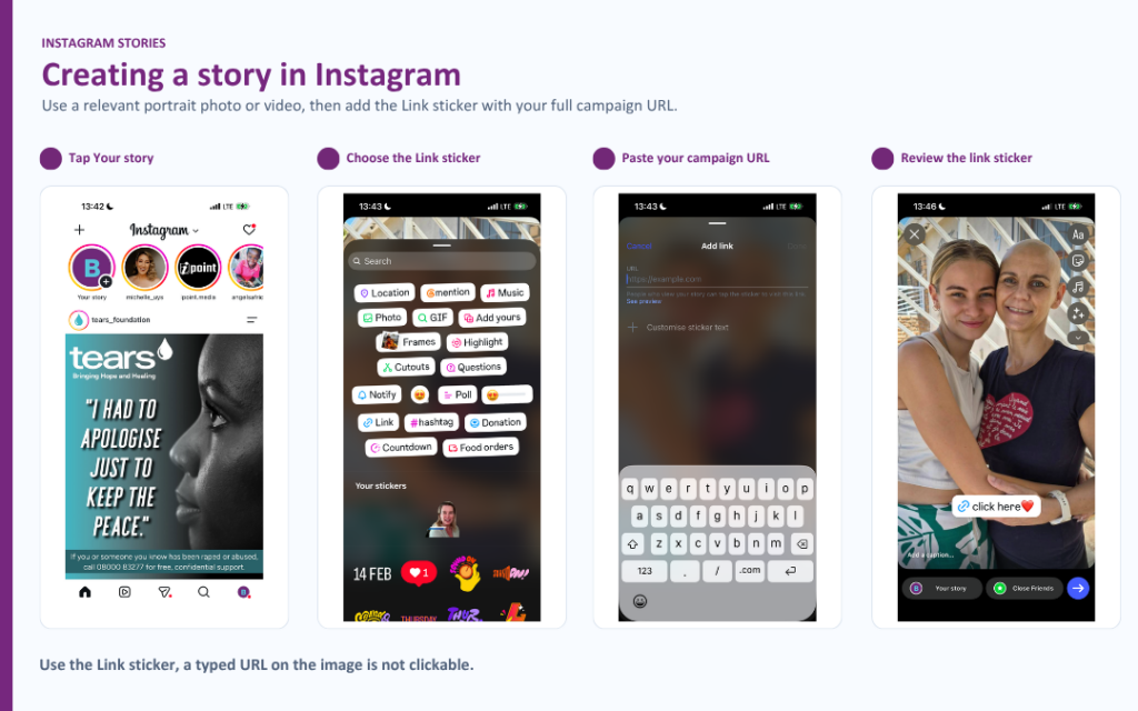 Instagram Story steps showing how to open Your Story, choose the Link sticker, paste a BackaBuddy campaign URL and review the link.