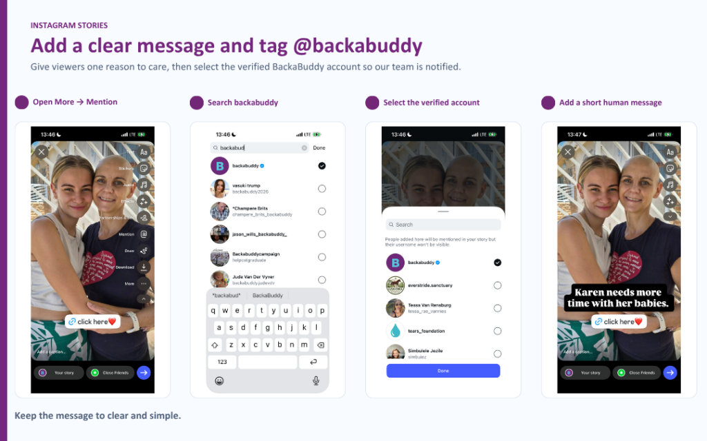 Instagram Story editor showing how to find and tag the verified BackaBuddy account and add a short campaign message.
