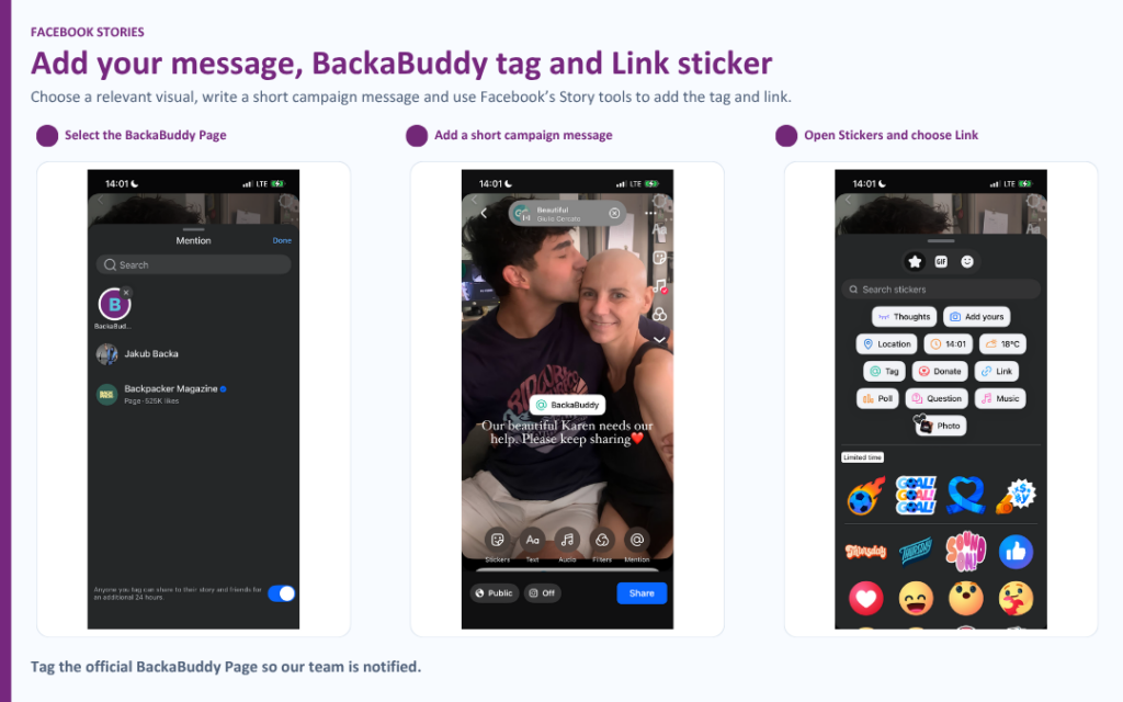 Facebook Story editor showing how to tag BackaBuddy, add a campaign message and choose the Link sticker.