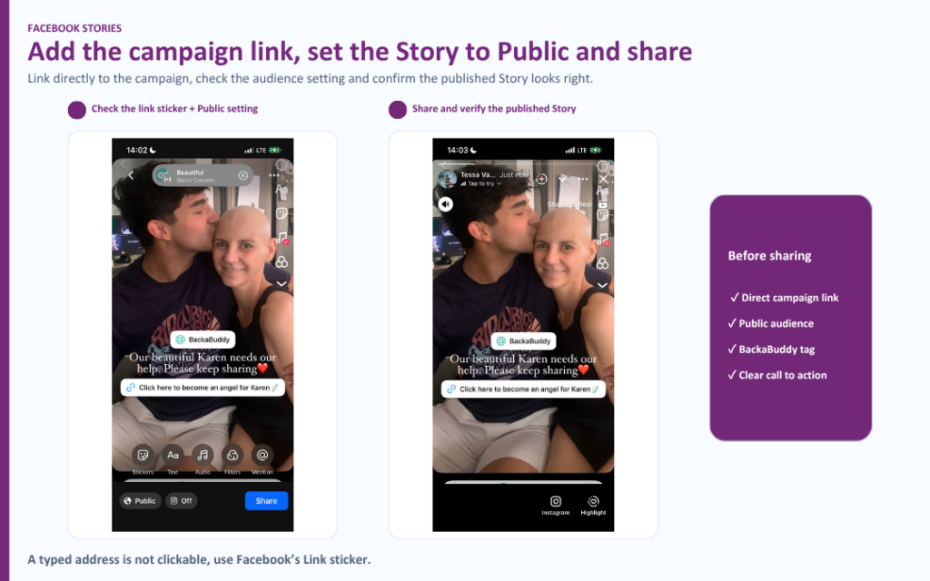 Facebook Story showing a clickable campaign link, Public audience setting, BackaBuddy tag and published result.