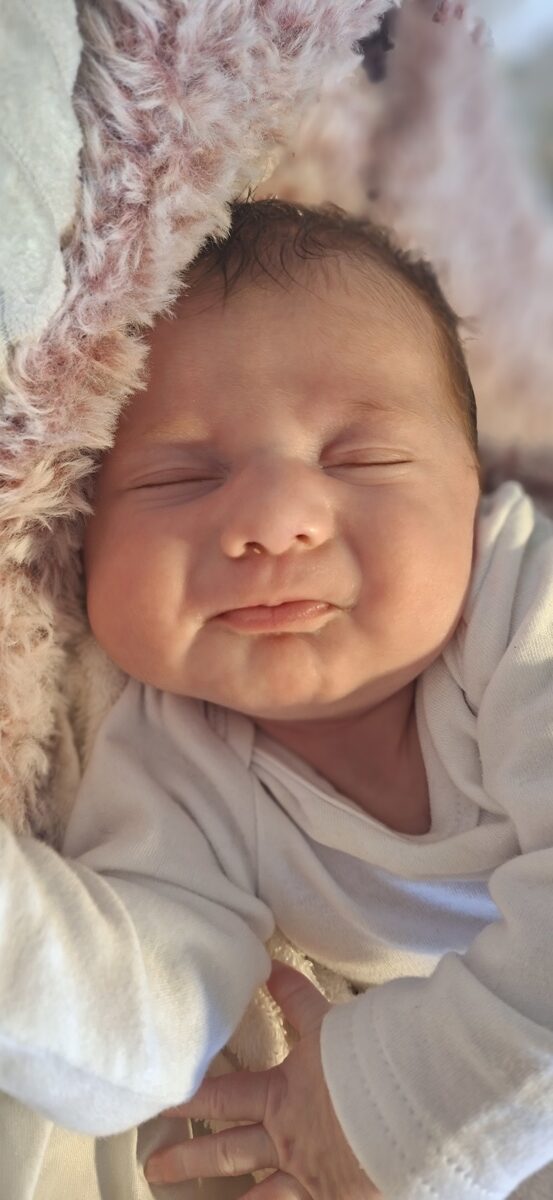 Baby Mia Hattingh resting in her parents’ arms after returning home from hospital.